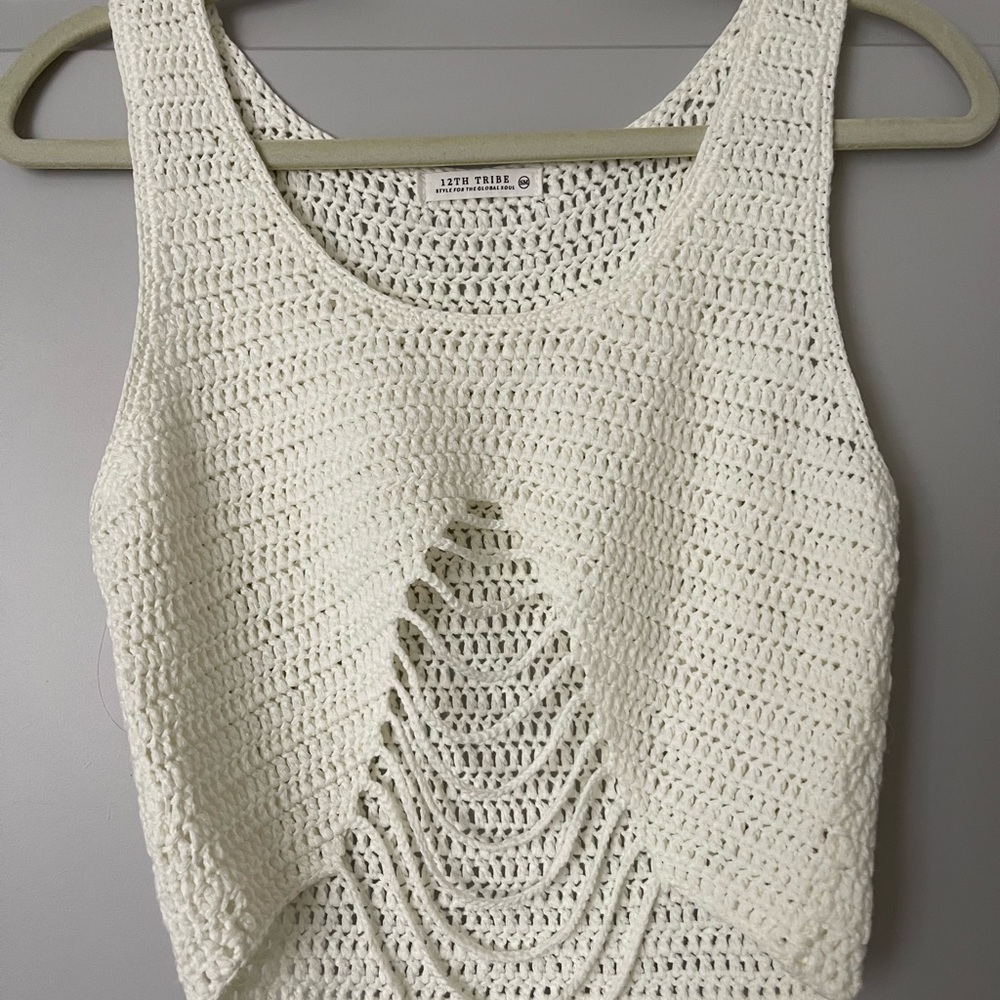 12th Tribe Botoga White Crochet Open Knit Tank Top